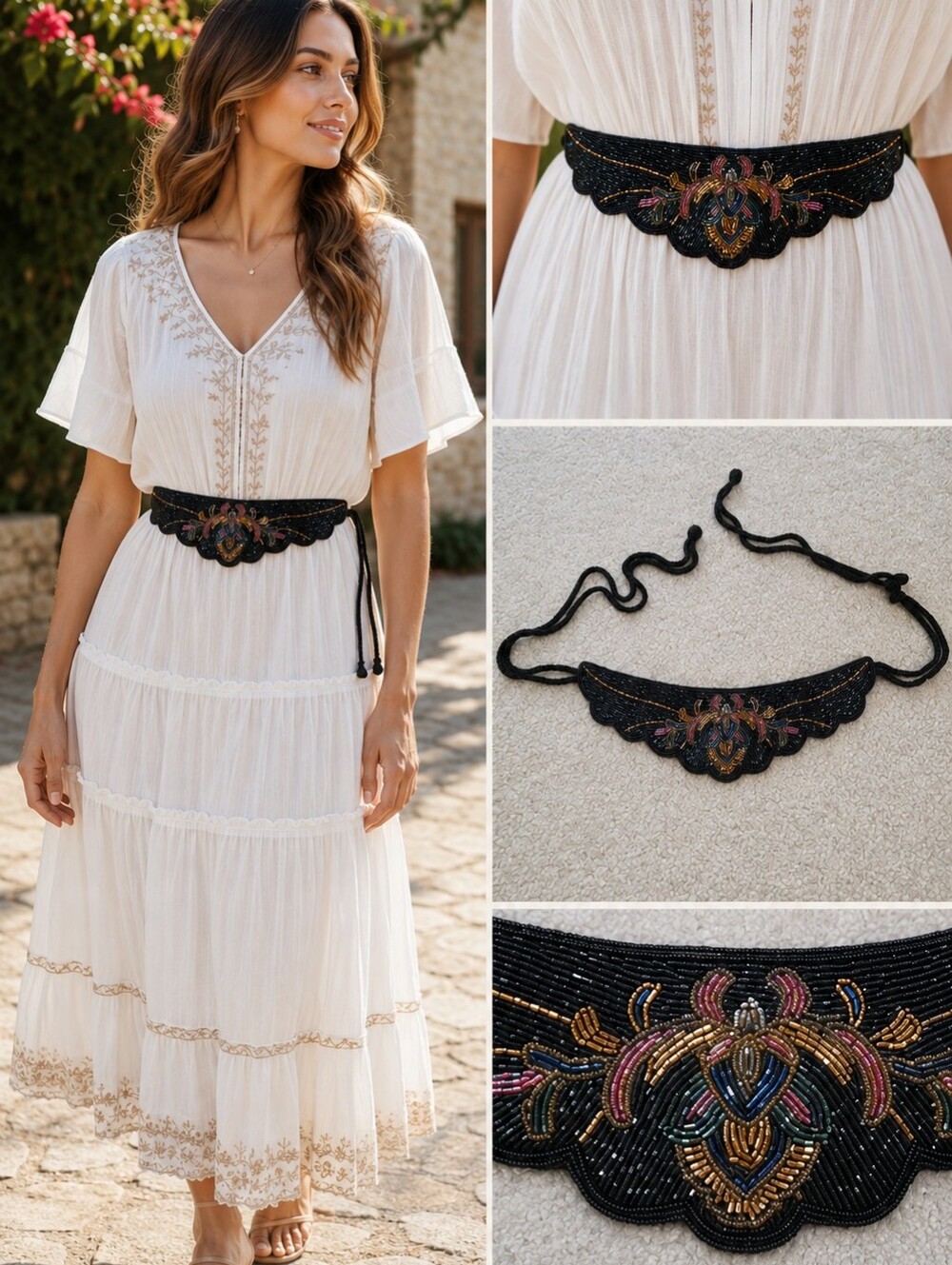 Lillian Vernon Vtng Beaded Belt Sash Black Floral Seed Bead Scalloped Festival